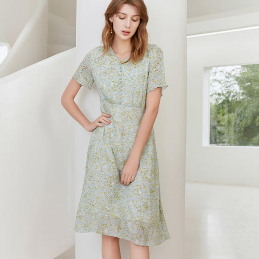 【桑蚕丝印花连衣裙】23年春夏新品女士100%真丝上衣时尚短袖中长款裙子 商品图1