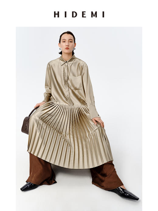 HIDEMI 缎面褶皱衬衫设计感百褶连衣裙 巧克力棕/微光绿 商品图5