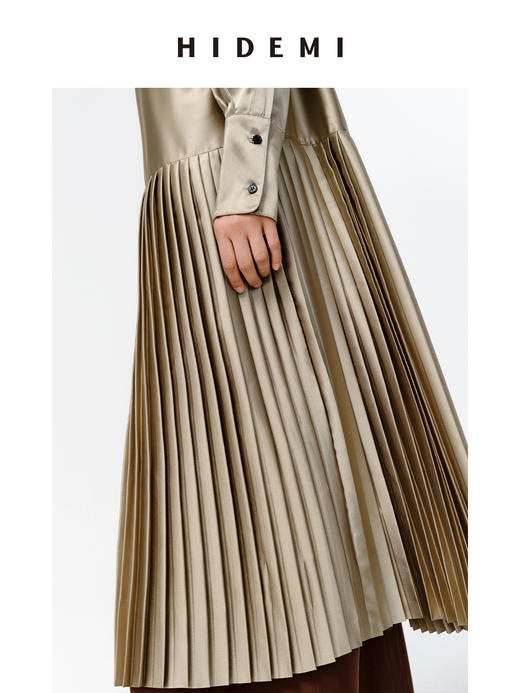 HIDEMI 缎面褶皱衬衫设计感百褶连衣裙 巧克力棕/微光绿 商品图7