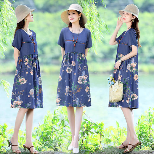 HRFS-WX62119拼接新款连衣裙2023年洋气印花时尚宽松休闲短袖连衣裙 商品图3