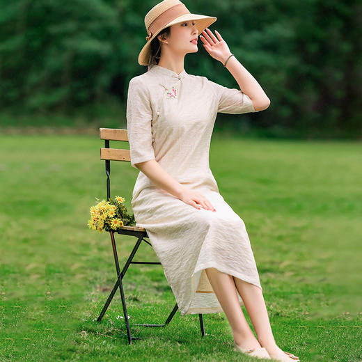 YM S358 2023春夏禅意风改良旗袍古典气质绣花立领开襟天丝提花文艺连衣裙 商品图2