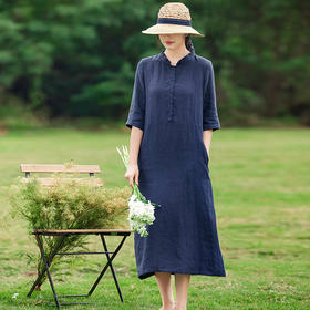 HM-C013春装新款原创设计 文艺亚麻A字裙复古砂洗怀旧纯色连衣裙