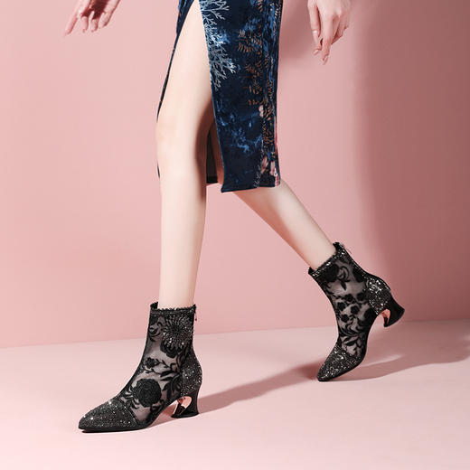头花朵民族风高跟短靴粗跟靴子网纱镂空凉靴YSML-D788-K750 商品图6