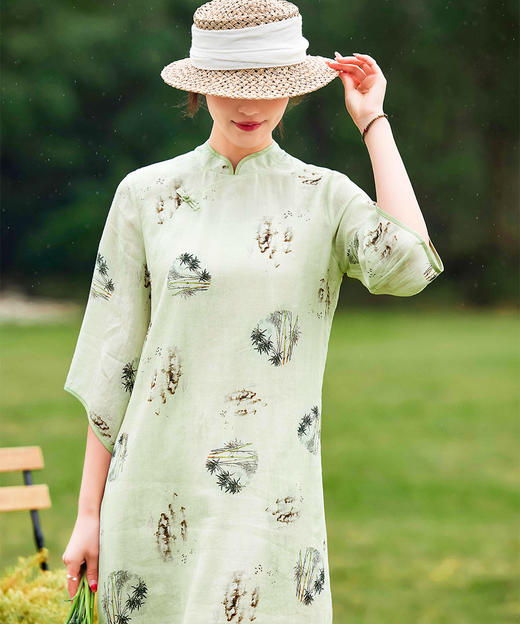 HM-S353春夏新款禅意苎麻改良式旗袍裙倒袖设计文艺印花侧开叉连衣裙 商品图2
