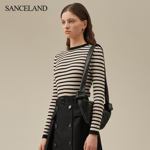 【2F】SANCELAND三石一澜23春绵羊毛复古黑白条纹毛衫套头衫SH11801059 商品图1