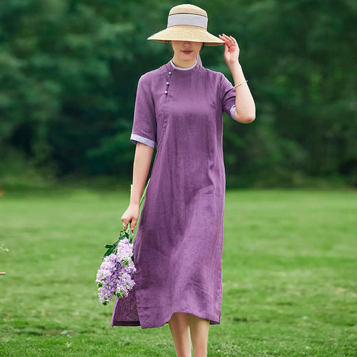 HM-S361春夏新款复古改良旗袍裙侧开叉纯色文艺立领中式亚麻连衣裙 商品图0