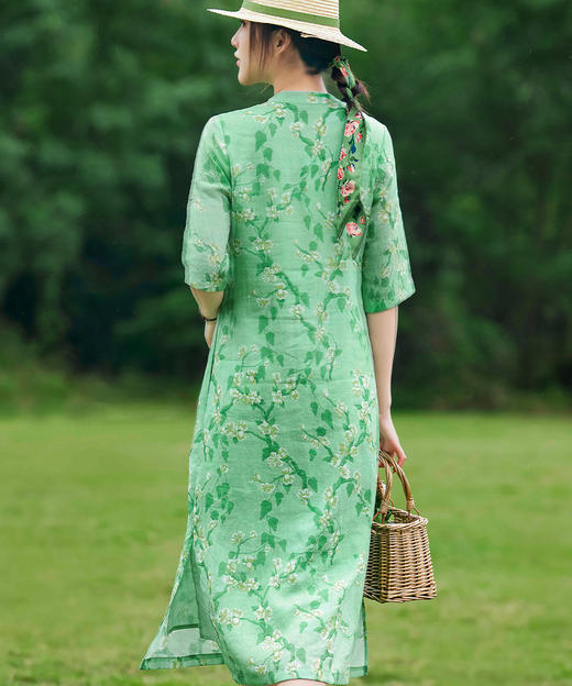 HM-S370春夏新款旗袍改良式文艺苎叶印花连衣裙古典气质侧开叉女 商品图3