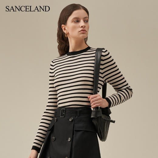【2F】SANCELAND三石一澜23春绵羊毛复古黑白条纹毛衫套头衫SH11801059 商品图3