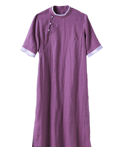 HM-S361春夏新款复古改良旗袍裙侧开叉纯色文艺立领中式亚麻连衣裙 商品图4