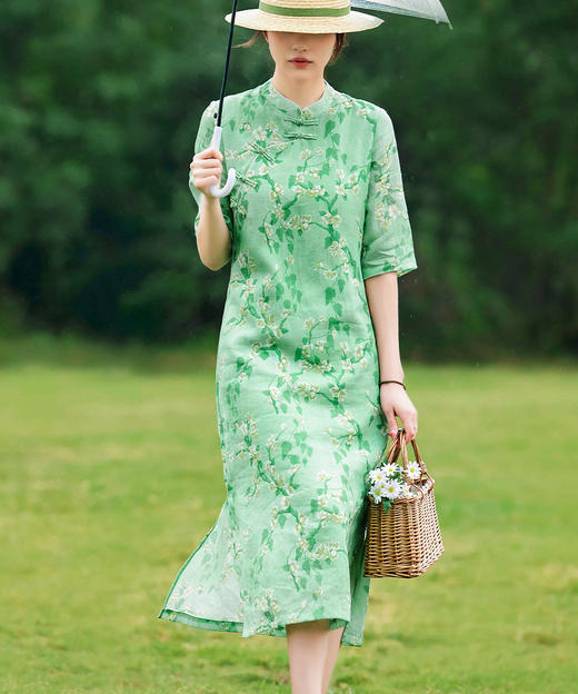 HM-S370春夏新款旗袍改良式文艺苎叶印花连衣裙古典气质侧开叉女 商品图0