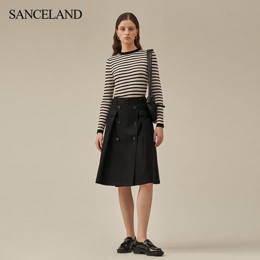 【2F】SANCELAND三石一澜23春绵羊毛复古黑白条纹毛衫套头衫SH11801059 商品图0