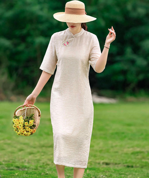 HM-S358春夏禅意风改良旗袍古典气质绣花立领开襟天丝提花文艺连衣裙 商品图3