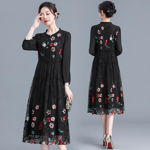 QYM SY23C21-Y重工刺锈连衣裙纱网中长款A字裙 商品图2