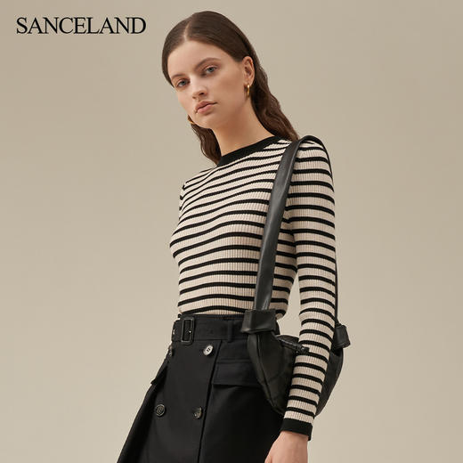 【2F】SANCELAND三石一澜23春绵羊毛复古黑白条纹毛衫套头衫SH11801059 商品图2