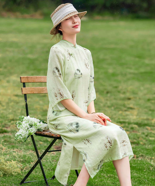 HM-S353春夏新款禅意苎麻改良式旗袍裙倒袖设计文艺印花侧开叉连衣裙 商品图3