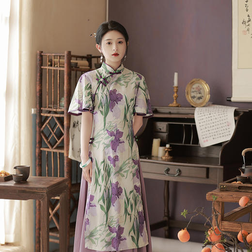 改良奥戴复古国风气质修身中紫色旗袍XL-23067 商品图5