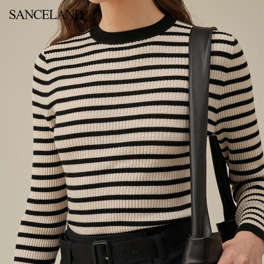 【2F】SANCELAND三石一澜23春绵羊毛复古黑白条纹毛衫套头衫SH11801059 商品图4