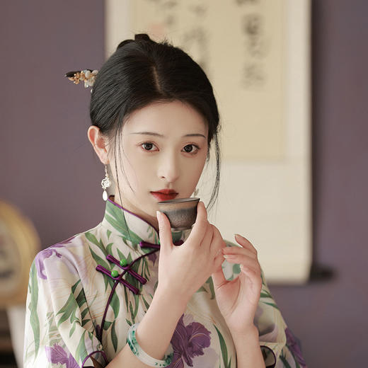 改良奥戴复古国风气质修身中紫色旗袍XL-23067 商品图2