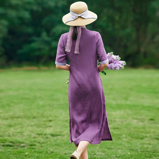 HM-S361春夏新款复古改良旗袍裙侧开叉纯色文艺立领中式亚麻连衣裙 商品图3