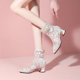 头花朵民族风高跟短靴粗跟靴子网纱镂空凉靴YSML-D788-K750