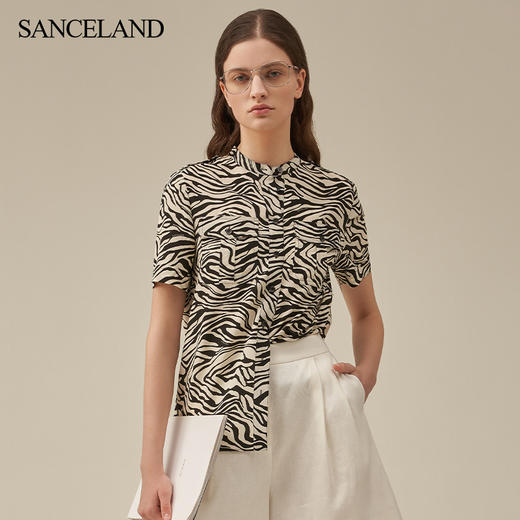【2F】SANCELAND三石一澜23春双绉真丝衬衣短袖黑白印花衬衫SH11101082 商品图3
