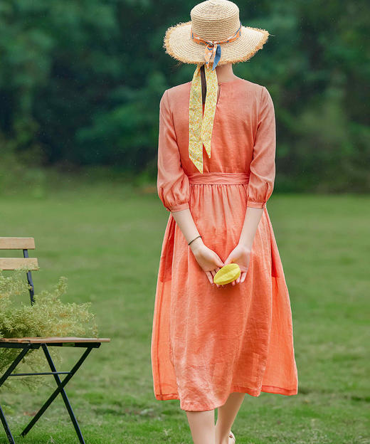 HM-C005春夏新款刺绣花朵文艺清新苎麻连衣裙减龄中袖中国风棉麻长裙 商品图3