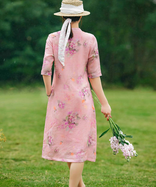 HM-S362春夏古典气质印花改良旗袍中袖立领小个子苎麻连衣裙日常 商品图3