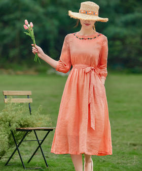 HM-C005春夏新款刺绣花朵文艺清新苎麻连衣裙减龄中袖中国风棉麻长裙