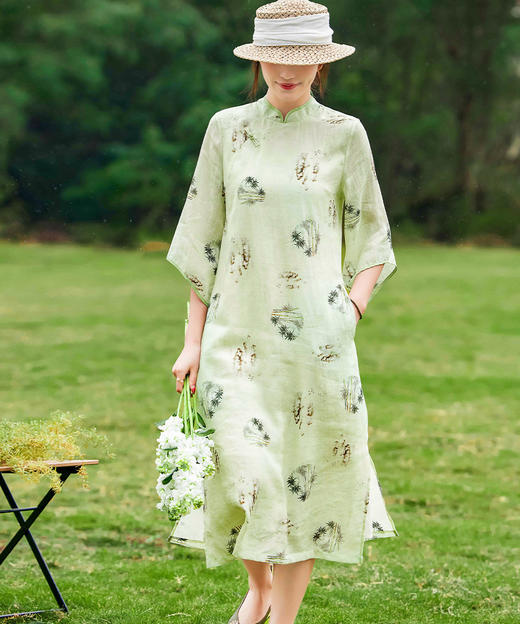 HM-S353春夏新款禅意苎麻改良式旗袍裙倒袖设计文艺印花侧开叉连衣裙 商品图0