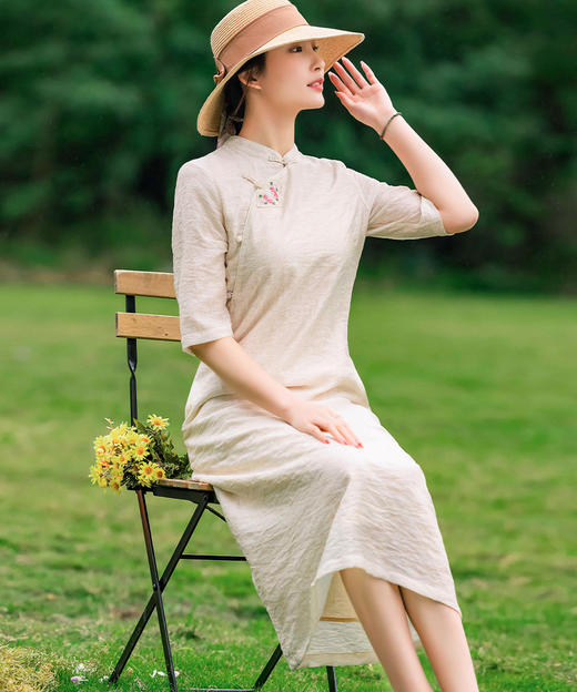 HM-S358春夏禅意风改良旗袍古典气质绣花立领开襟天丝提花文艺连衣裙 商品图2