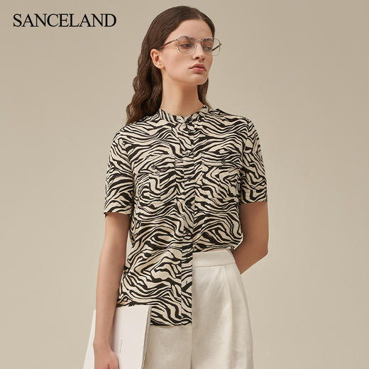 【2F】SANCELAND三石一澜23春双绉真丝衬衣短袖黑白印花衬衫SH11101082 商品图2
