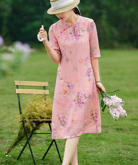 HM-S362春夏古典气质印花改良旗袍中袖立领小个子苎麻连衣裙日常