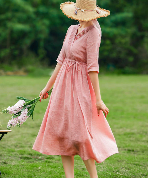 HM-C016春夏新款苎麻提花连衣裙文艺范气质V领风琴褶纯色大摆裙 商品图0