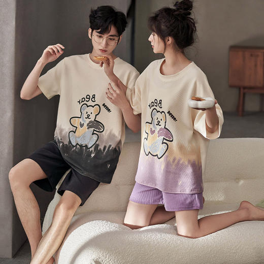 【情侣CP纯棉家居服】2023春夏秋华夫格情侣睡衣夏季短袖卡通韩版 可外穿家居服6535棉 情侣全棉薄款可外穿可宅家睡衣睡裤套装 商品图3