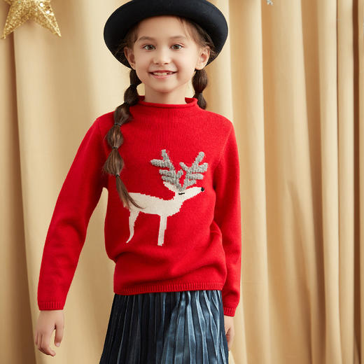 mettekids儿童100%羊绒衫女童中大童春秋打底针织衫麋鹿红色毛衣 商品图1