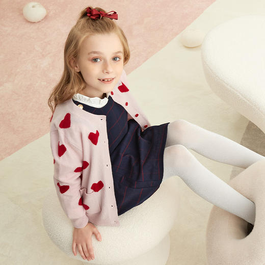 【爱心款童装羊绒开衫】羊绒世家童装女宝100%山羊绒开衫可爱心形印花针织外套 商品图0