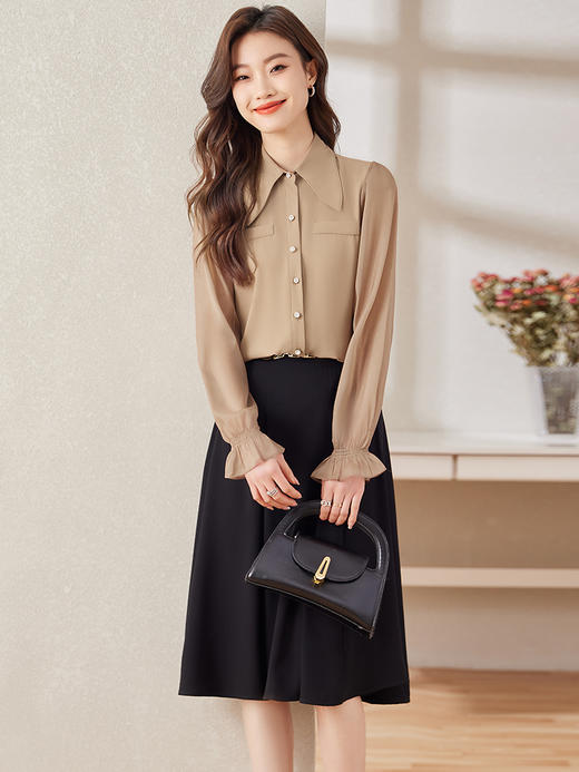 时尚喇叭袖职业通勤衬衫高腰半身裙子两件套装 商品图2