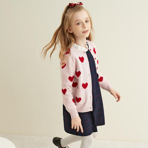 【爱心款童装羊绒开衫】羊绒世家童装女宝100%山羊绒开衫可爱心形印花针织外套 商品图1