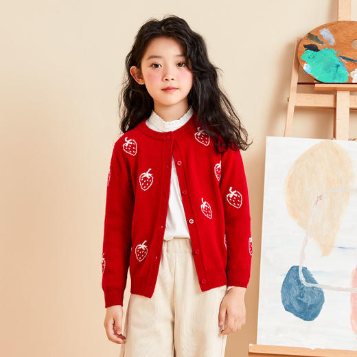 mettekids儿童羊绒衫春秋轻薄款打底针织衫草莓大童毛衣女童开衫 商品图3