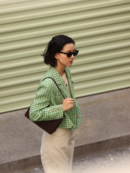 HeyDress绿色小香风外套女春季法式复古格纹设计感气质短款上衣 商品图2