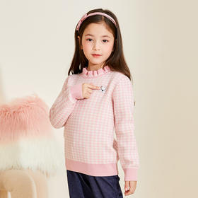 mettekids女童羊绒衫春秋款粉色花边领针织衫儿童千鸟格洋气毛衣