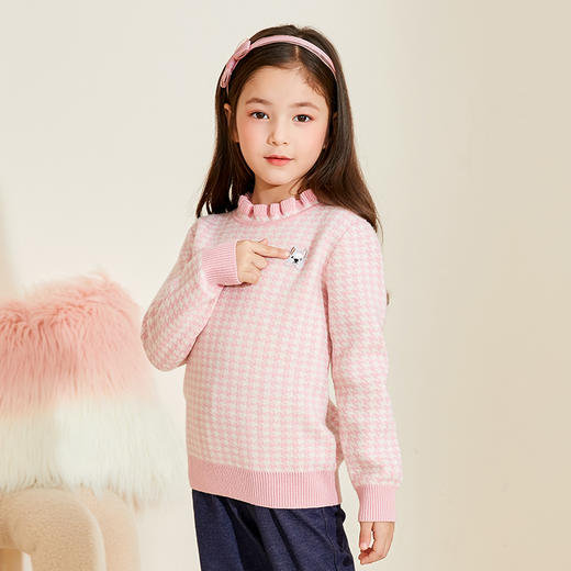 mettekids女童羊绒衫春秋款粉色花边领针织衫儿童千鸟格洋气毛衣 商品图0