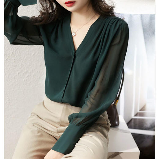 春款新品女士雪纺衫2023新款法式V领设计感气质优雅雪纺宽松衬衫 商品图3