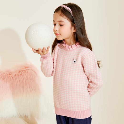 mettekids女童羊绒衫春秋款粉色花边领针织衫儿童千鸟格洋气毛衣 商品图1