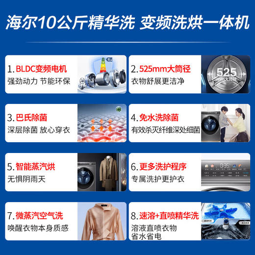 【精华洗】海尔10KG全自动变频滚筒洗衣机家用大容量525mm筒径精华洗智能投放除菌空气洗烘一体XQG100-HBD14326L 商品图1