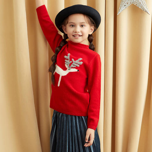 mettekids儿童100%羊绒衫女童中大童春秋打底针织衫麋鹿红色毛衣 商品图0