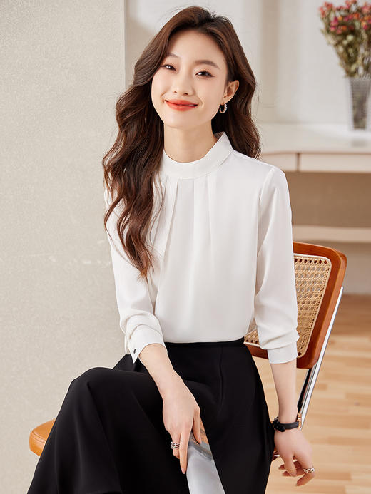 长袖立领缎面职业通勤高腰A字半身裙子两件套装 商品图2