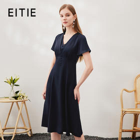 EITIE爱特爱夏季新款洋气复古V领修身显瘦简约百搭气质连衣裙7007712