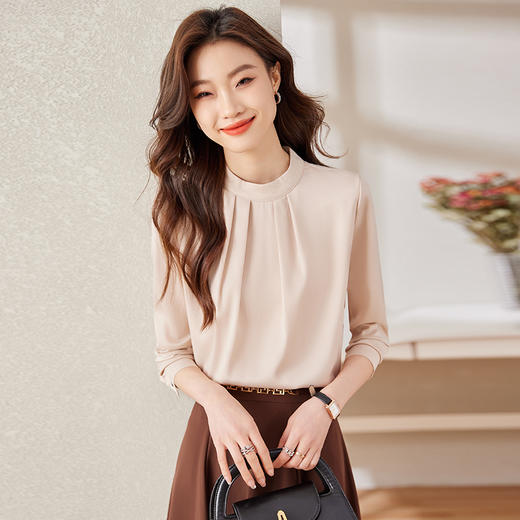 长袖立领缎面职业通勤高腰A字半身裙子两件套装 商品图5