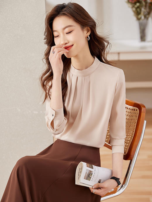 长袖立领缎面职业通勤高腰A字半身裙子两件套装 商品图4